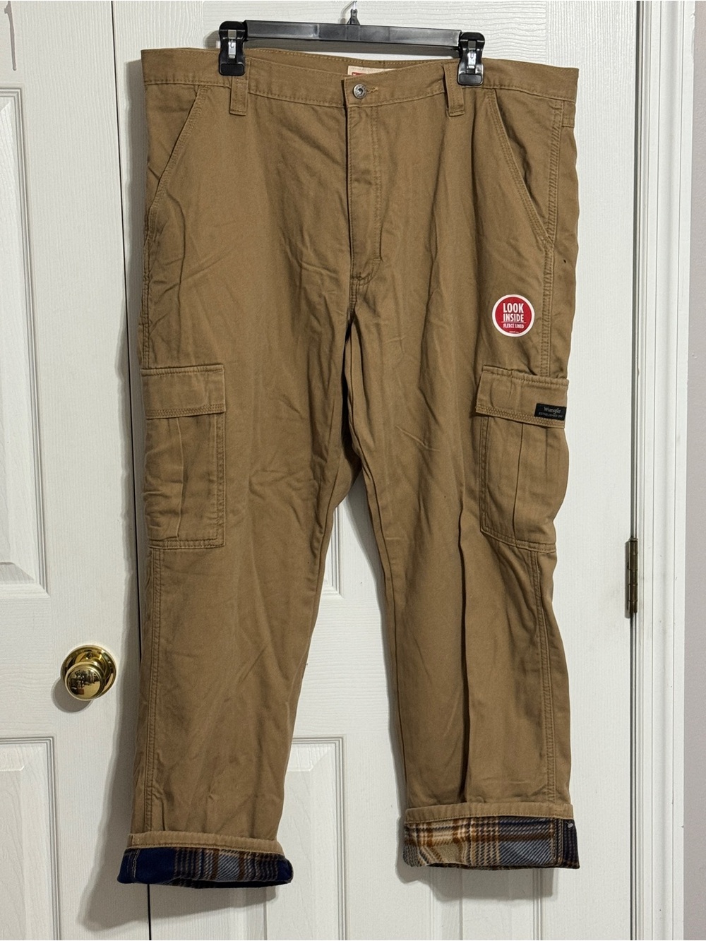Wrangler Men's Tan Cargo Work Pants - Fleece Lined Durable Everyday Wear
